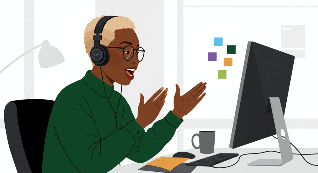 Illustration of a person wearing headphones and glasses, speaking and gesturing with hands while sitting at a desk with a computer, keyboard, mouse, notepad, and coffee mug.