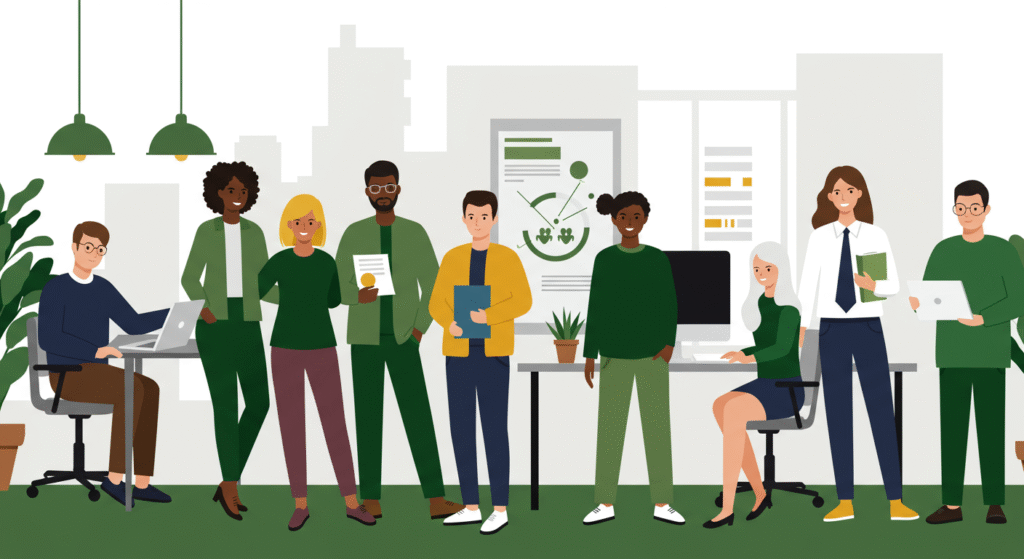 Illustration of a diverse group of office workers standing and sitting in a modern workspace with plants, laptops, and charts in the background.