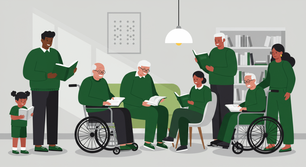 A group of elderly people and a child, all dressed in green, are reading books together in a bright, modern library room.