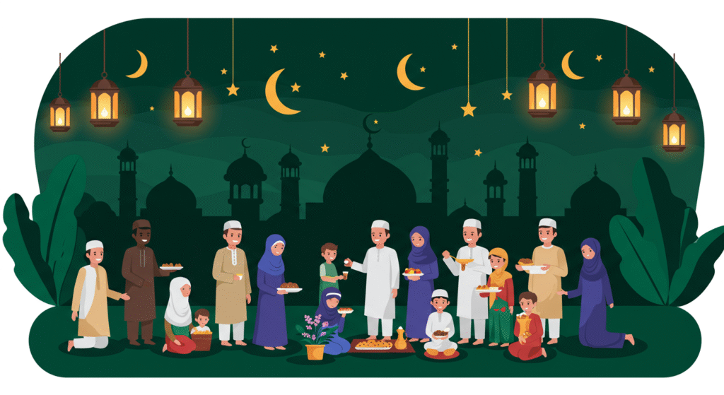 A diverse group of people, including men, women, and children, gather outdoors at night with food, under hanging lanterns, crescent moons, and stars, with mosque silhouettes in the background.