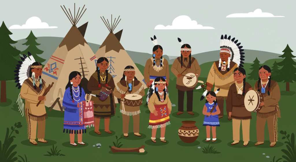 A group of Indigenous people in traditional clothing stand and sit outdoors near tipis, trees, and mountains, holding drums, pottery, and wearing feathered headdresses and beadwork.