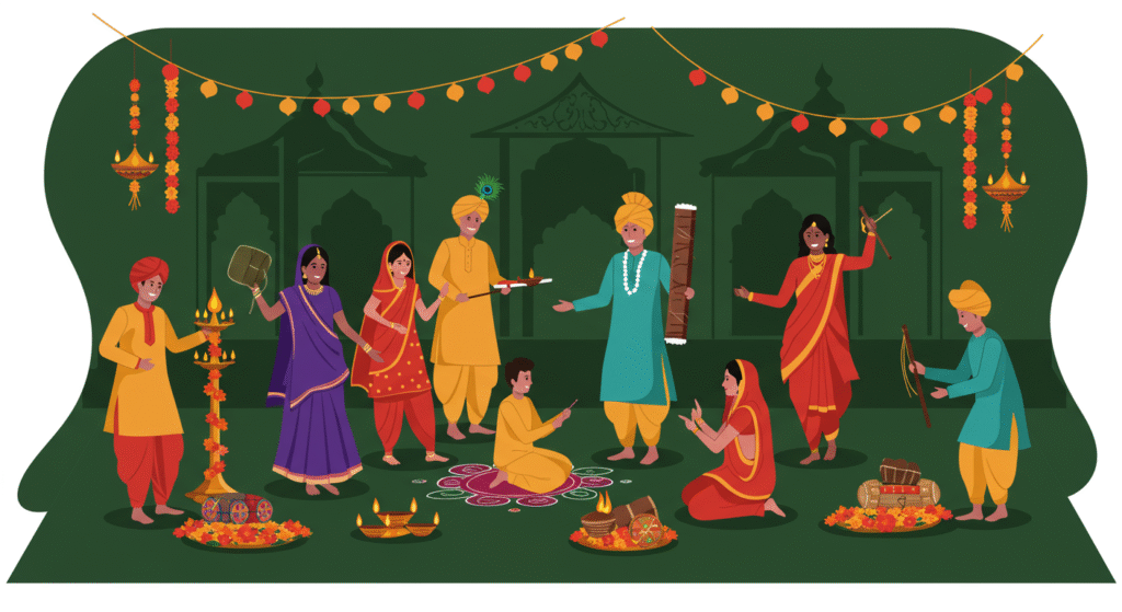 A group of people in traditional Indian attire celebrate a festival with music, dance, rangoli, and decorations in an outdoor setting.