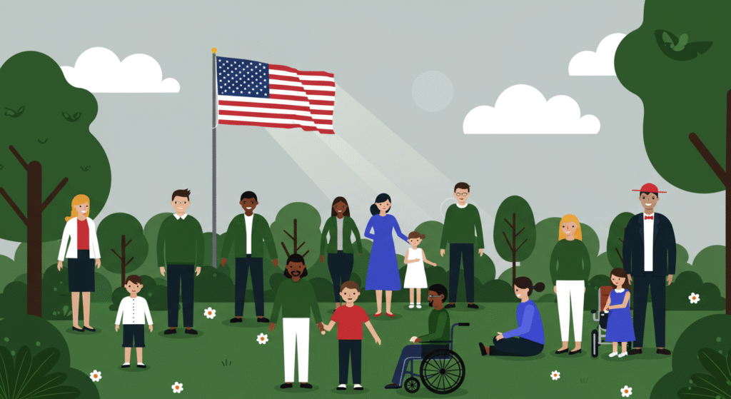Illustration of a diverse group of people, including children and a person in a wheelchair, standing and sitting in a park with an American flag in the background.