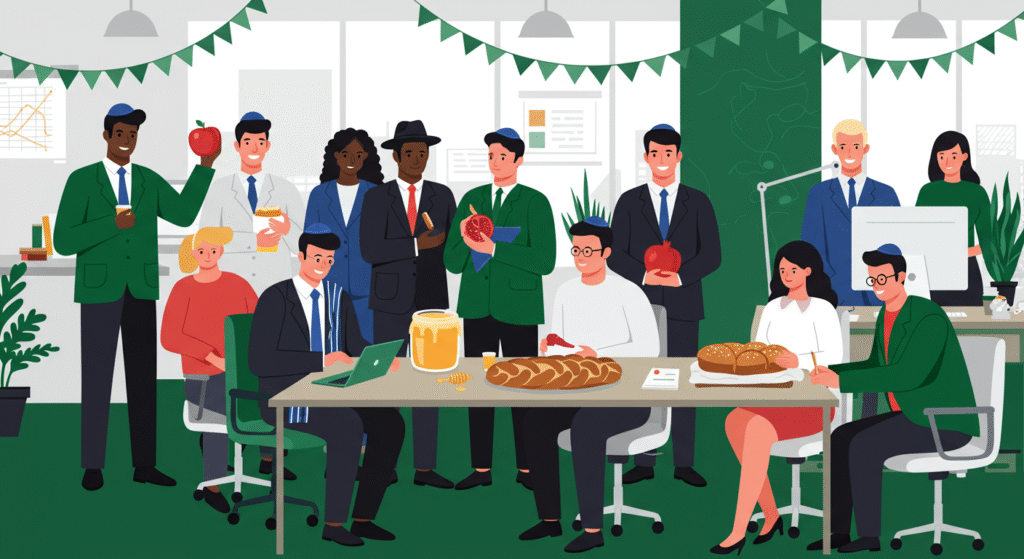 Office workers gather around tables with bread, honey, and apples, while some people stand and others sit, in a decorated, plant-filled workspace.