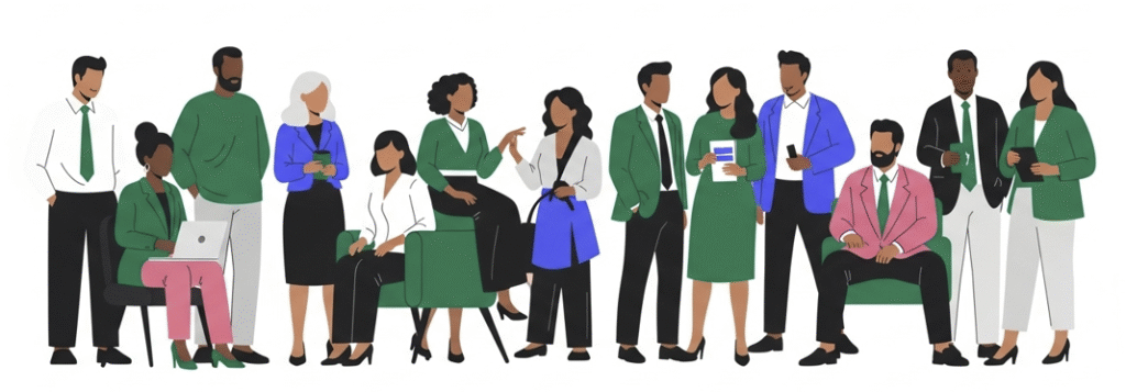 Illustration of a diverse group of professionals dressed in business attire, standing and sitting, engaging in conversation and holding various office items.
