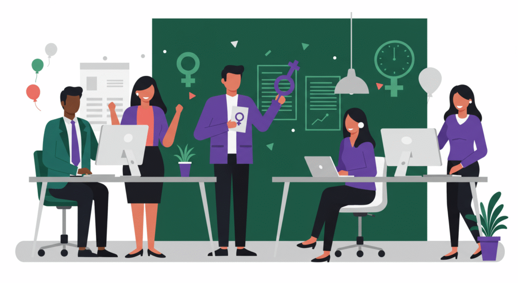 Office scene with five people, three women and two men, working at desks and holding gender symbols, celebrating Women’s Equality Day in the workplace with gender equality icons and charts on a green background.