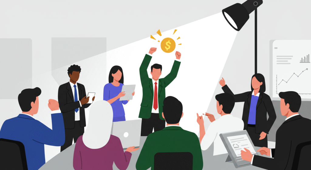 A group of businesspeople in a meeting room watch a man celebrating under a spotlight with a dollar sign above his head; charts and laptops highlight the power of effective Retention Resource strategies.