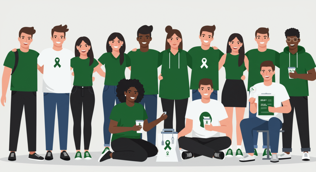 A diverse group of people wearing green and white poses together, some holding donation boxes and flyers featuring green awareness ribbons.