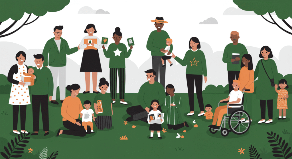 A diverse group of adults and children, some holding photos, stand and sit together outdoors in a park setting, with trees and greenery in the background.