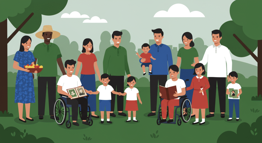 A diverse group of adults and children, including two people in wheelchairs, stand together outdoors in a park, some holding books or photos, with trees and clouds in the background.