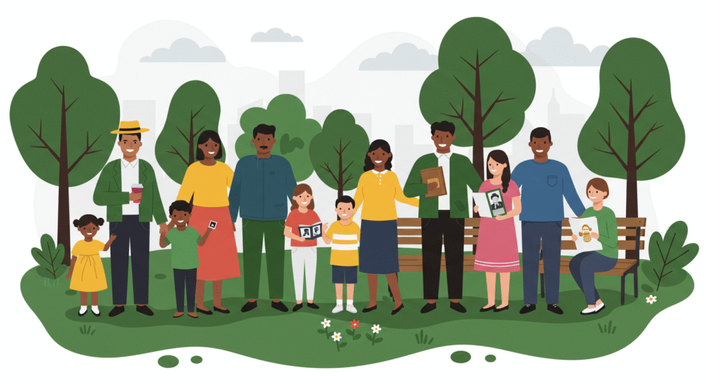 A diverse group of adults and children stand and sit together in a park, holding books and photographs, surrounded by trees and greenery.