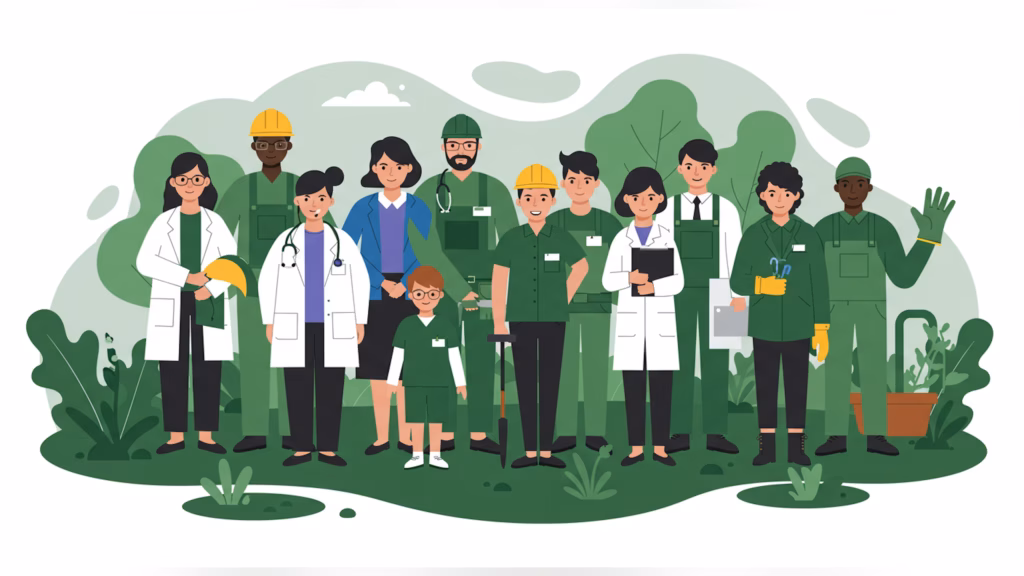 A diverse group of professionals, including doctors, engineers, and workers, stand outdoors in work attire with safety gear, clipboards, and tools, surrounded by greenery.