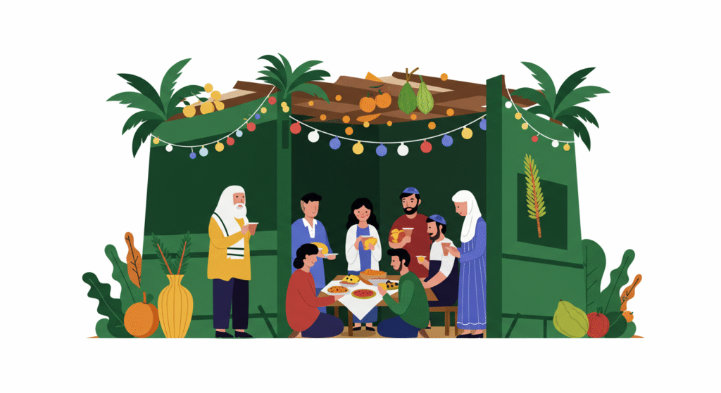 Illustration of a group of people sitting and standing under a decorated canopy, sharing a meal with fruits and plants around them.