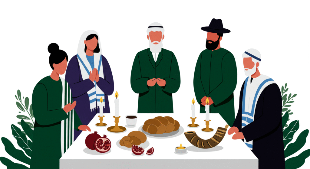 Five people stand around a table set with challah bread, pomegranates, candles, and a shofar, wearing traditional clothing, engaged in a religious or cultural ritual.