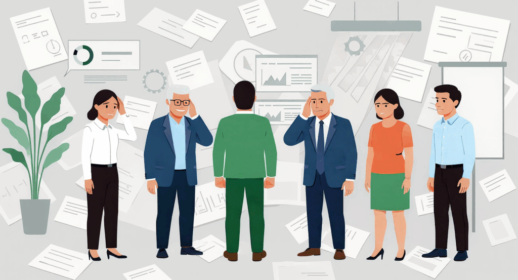 Six business people stand in an office setting surrounded by floating documents and charts, engaged in conversation. Embodying humanity at work, some are smiling while others appear thoughtful.