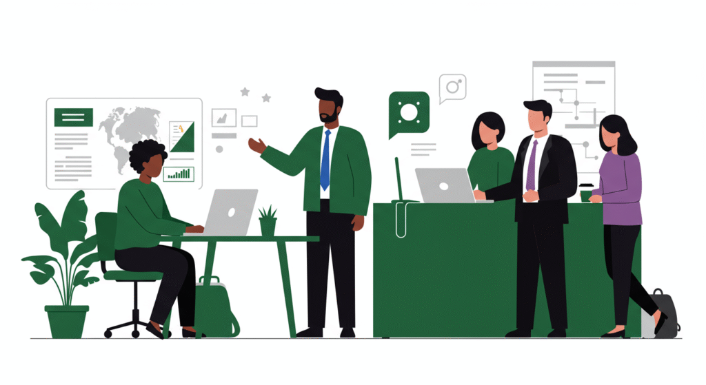Illustration of five people in an office; one works at a desk, another presents data, and three stand by a counter with laptops, surrounded by charts and plants.