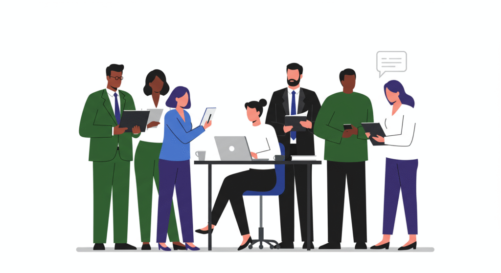 Illustration of six business people standing and one seated at a desk with a laptop, all interacting with digital devices and documents.