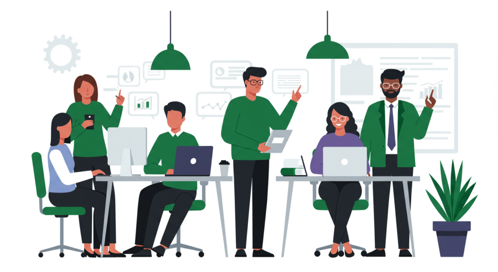 Illustration of six office workers collaborating at desks with laptops and charts, in a modern workspace with green accents and a potted plant.