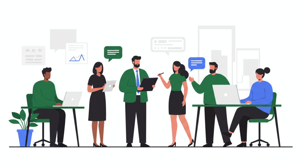 Illustration of five office workers interacting and using laptops and tablets, with speech and chart icons above them, in a modern workplace setting.