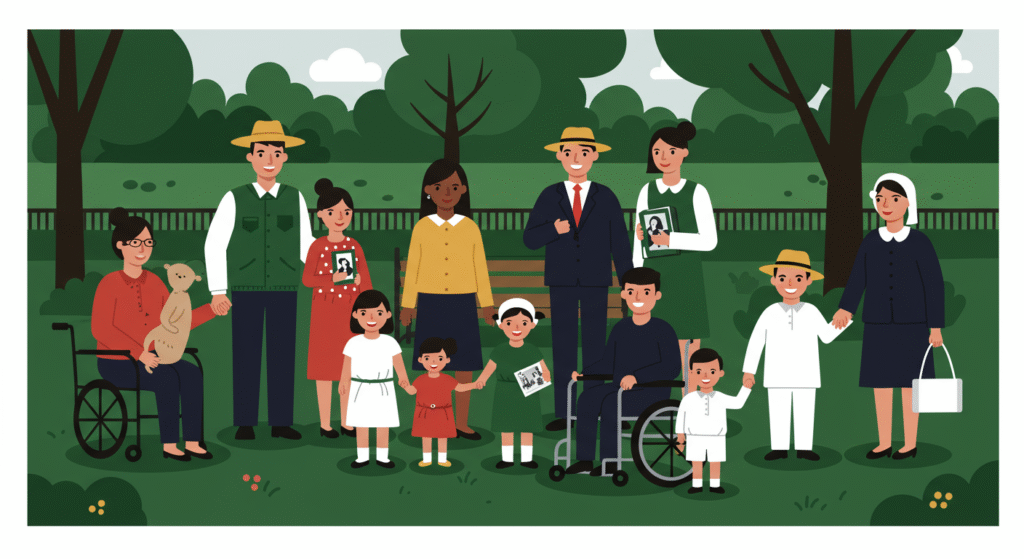 Illustration of a diverse group of people, including children, adults, and seniors—some in wheelchairs—standing together in a park with trees and greenery, celebrating Italian American Heritage Month in the workplace.