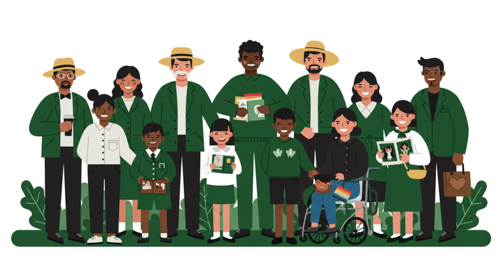 A diverse group of people, including children, adults, and a person in a wheelchair, stand together smiling and holding photos in green and white clothing, celebrating LGBTQ+ History Month in the workplace.