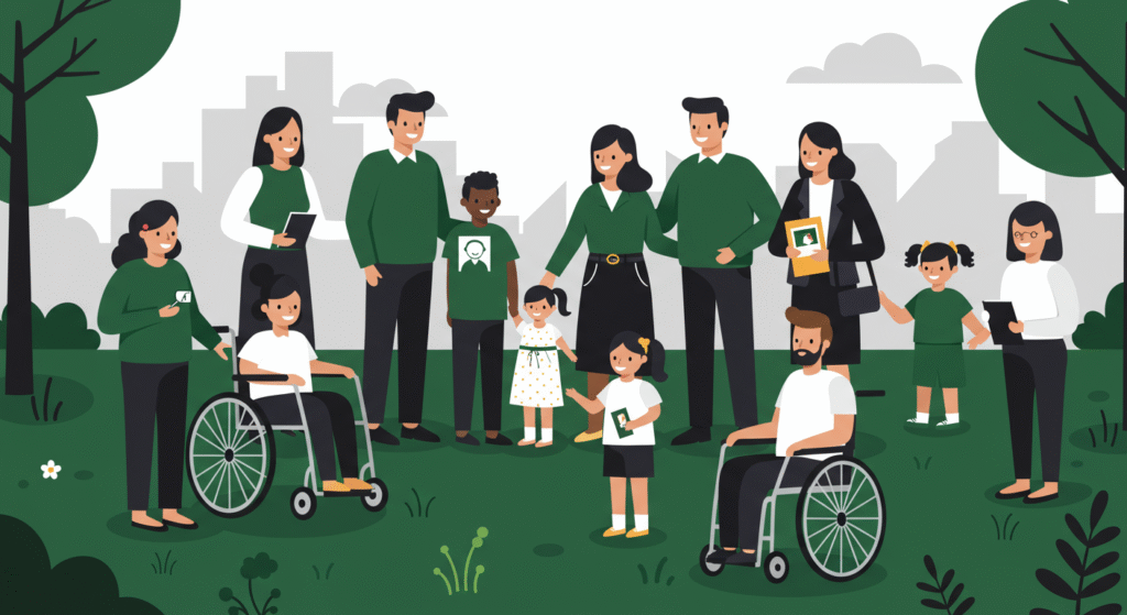 A diverse group of adults and children, including individuals in wheelchairs, gather outdoors in a park for Breast Cancer Awareness Month in the workplace, some holding photos and devices, all wearing green and white clothing.