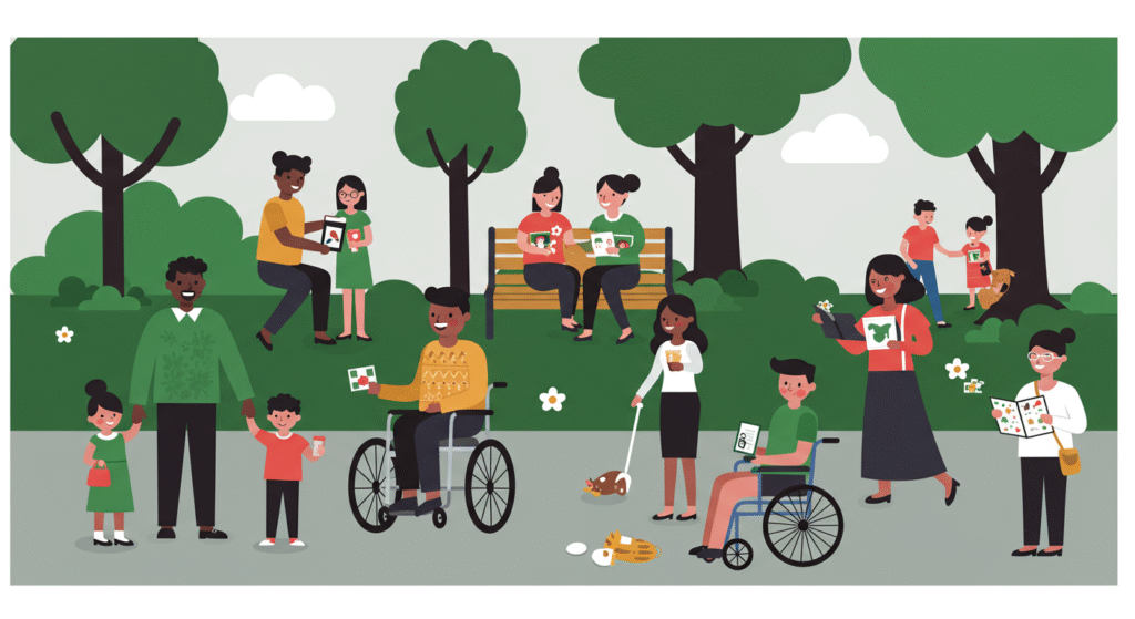 A diverse group of people, including individuals in wheelchairs, children, and adults, gather to celebrate Family History Month in the workplace by engaging in activities together in a park setting with trees and benches.
