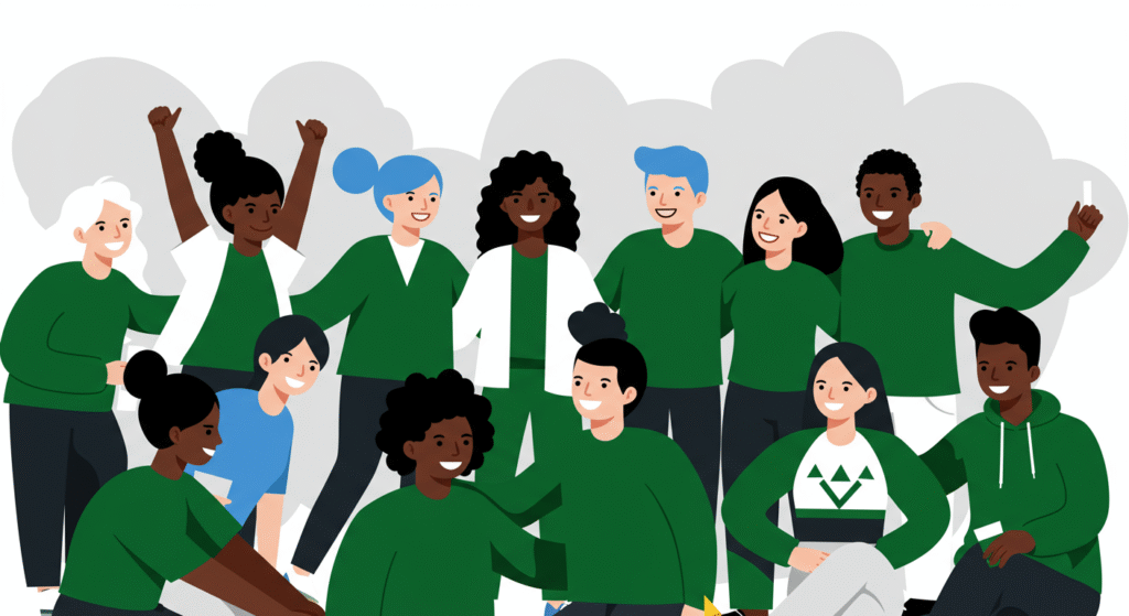 A diverse group of twelve people wearing green and white clothing pose together and smile in front of a gray background, celebrating National Make a Difference Day in the workplace.