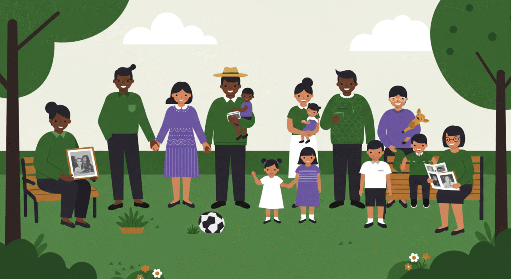 A diverse group of adults and children stand and sit in a park, some holding photos or babies, with a soccer ball on the grass and trees in the background, celebrating Polish American Heritage Month in the workplace.