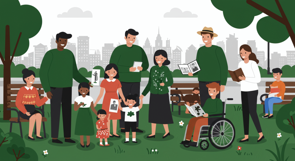 A diverse group of people, including children and a person in a wheelchair, gather in a park holding family photos and books, reflecting Día de Muertos in the workplace, with a cityscape in the background.