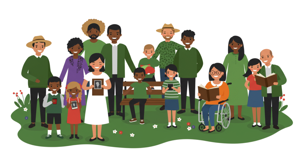 A diverse group of adults and children, including a person in a wheelchair, gather outdoors—some holding books or photos—in observance of the International Day for the Elimination of Violence against Women, with flowers and grass in the background.