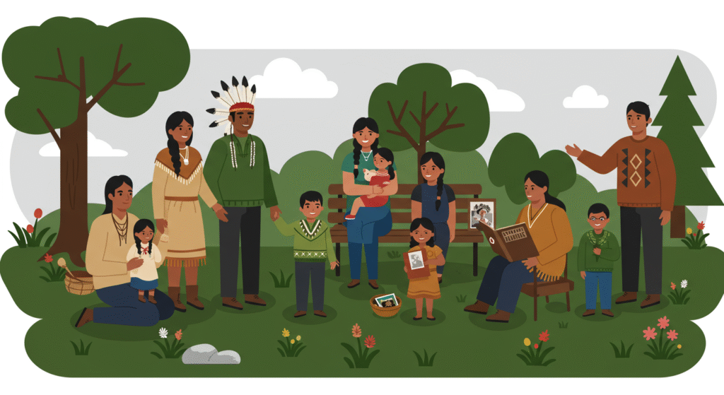 A group of people, including adults and children, gather outdoors in a park setting for Native American Heritage Day in the workplace, some holding photos and books, with trees and flowers blooming in the background.