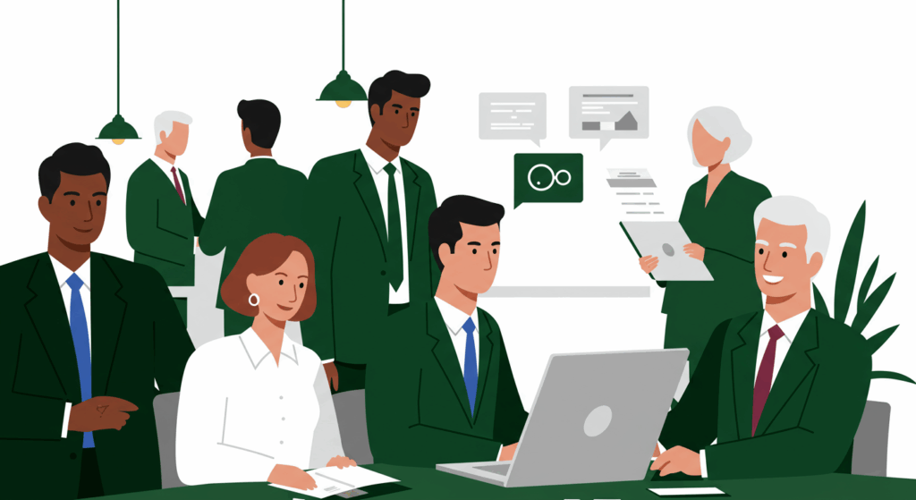 A group of business professionals in formal attire collaborate in an office space, some working at computers and others standing and discussing.