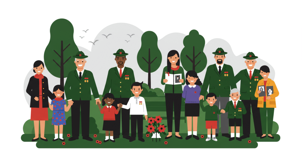 A diverse group of adults and children, some in military uniforms, stand together in a park holding photos and flowers, likely commemorating veterans or honoring Remembrance and Veterans Day in the workplace.