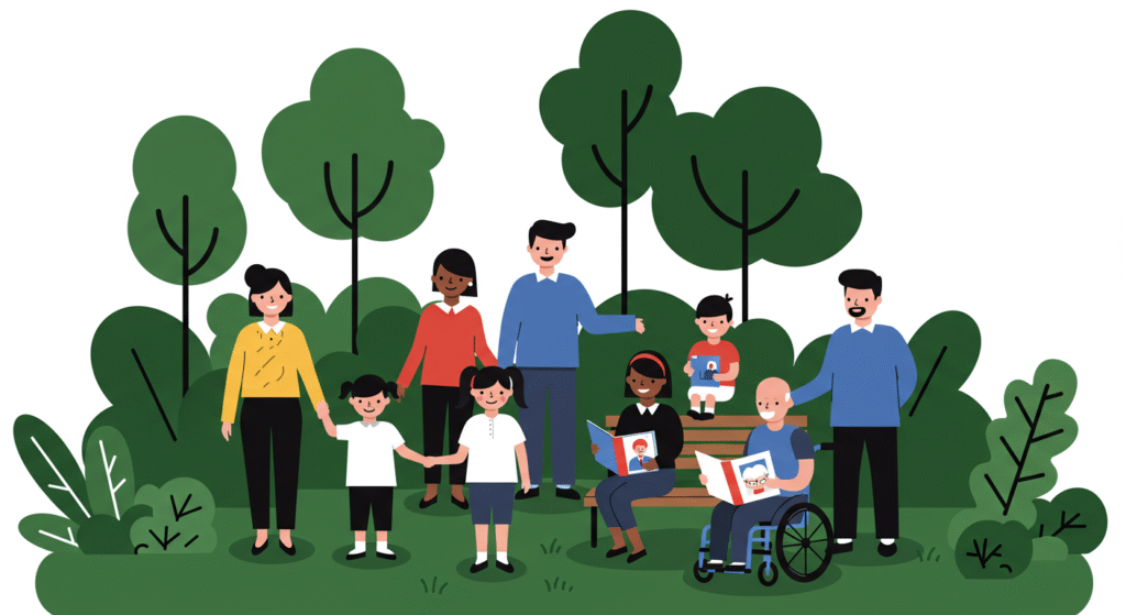 A group of adults and children, including a person in a wheelchair, are gathered together in a park with trees and greenery, some reading books and others standing or sitting, sharing moments reminiscent of Thanksgiving in the workplace.