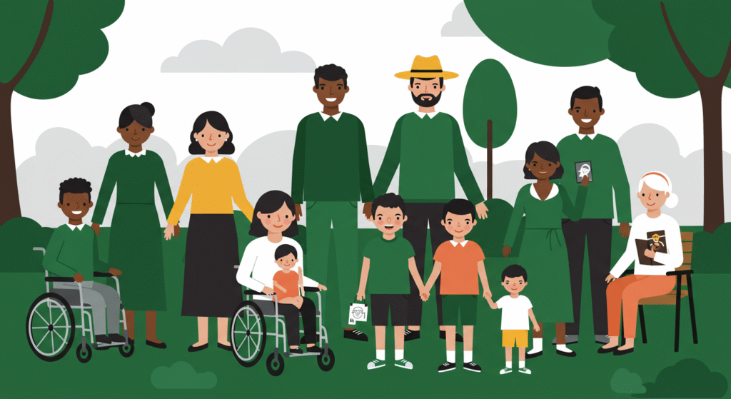A diverse group of adults and children, including individuals in wheelchairs, pose together outdoors in a park with trees in the background, honoring Transgender Day of Remembrance in the workplace.