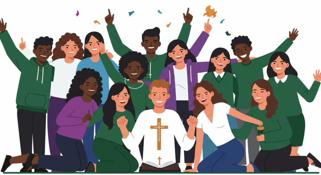 A diverse group of smiling people, some wearing green, pose together around a person in white with a gold cross holding an open book, celebrating All Saints’ Day in the workplace with raised hands and confetti.