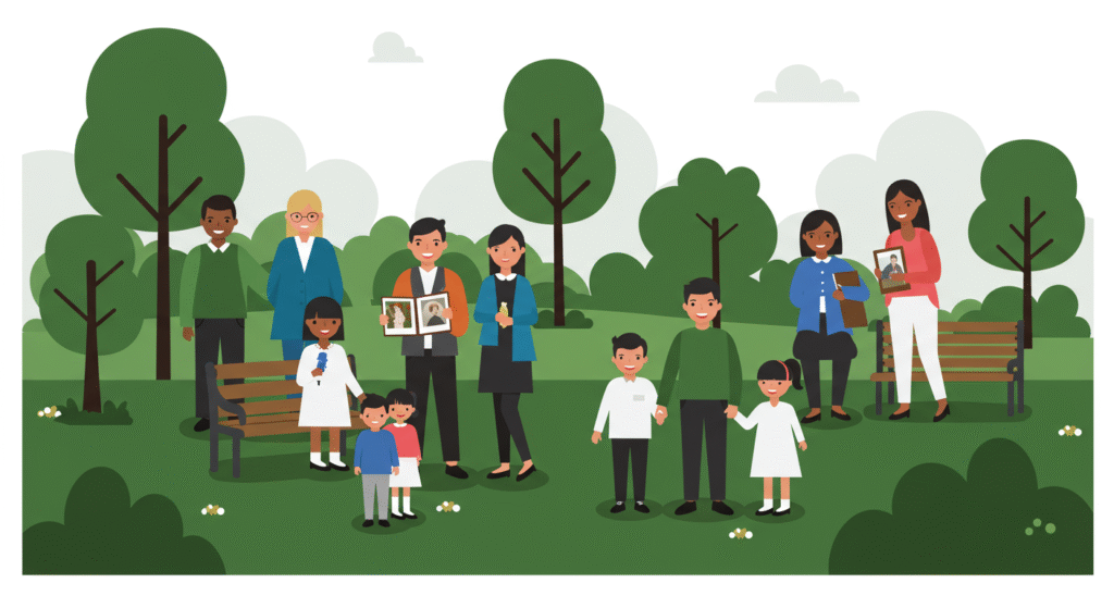 A diverse group of people, including children and adults, stand in a park holding framed photos, marking World Kindness Day in the workplace, with trees and benches in the background.