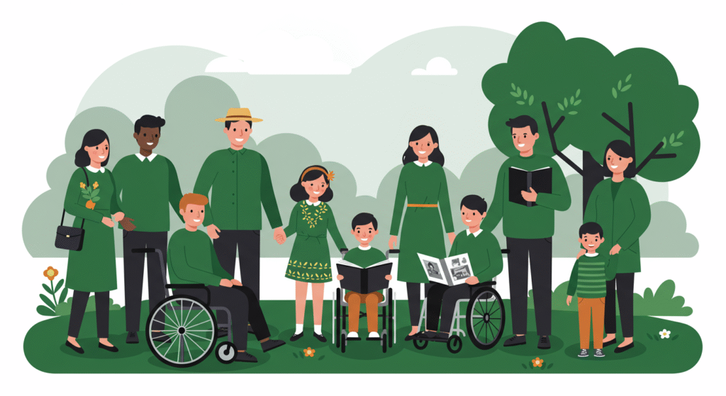 A diverse group of people, including children and adults—some in wheelchairs—stand together outdoors in a park-like setting, all dressed in green clothing to celebrate National Stress Awareness Day in the workplace.