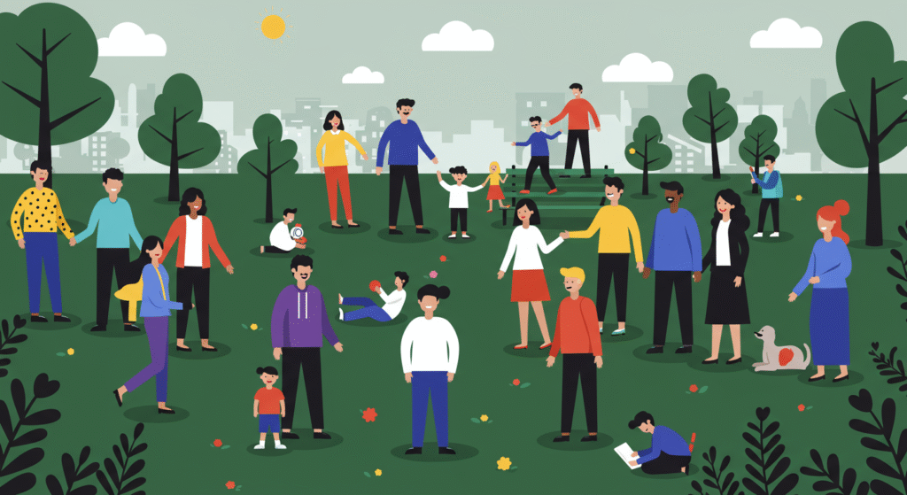 Illustration of diverse people and families, celebrating World Adoption Day in the workplace, engaging in various activities in a city park with trees and greenery under a partly cloudy sky.